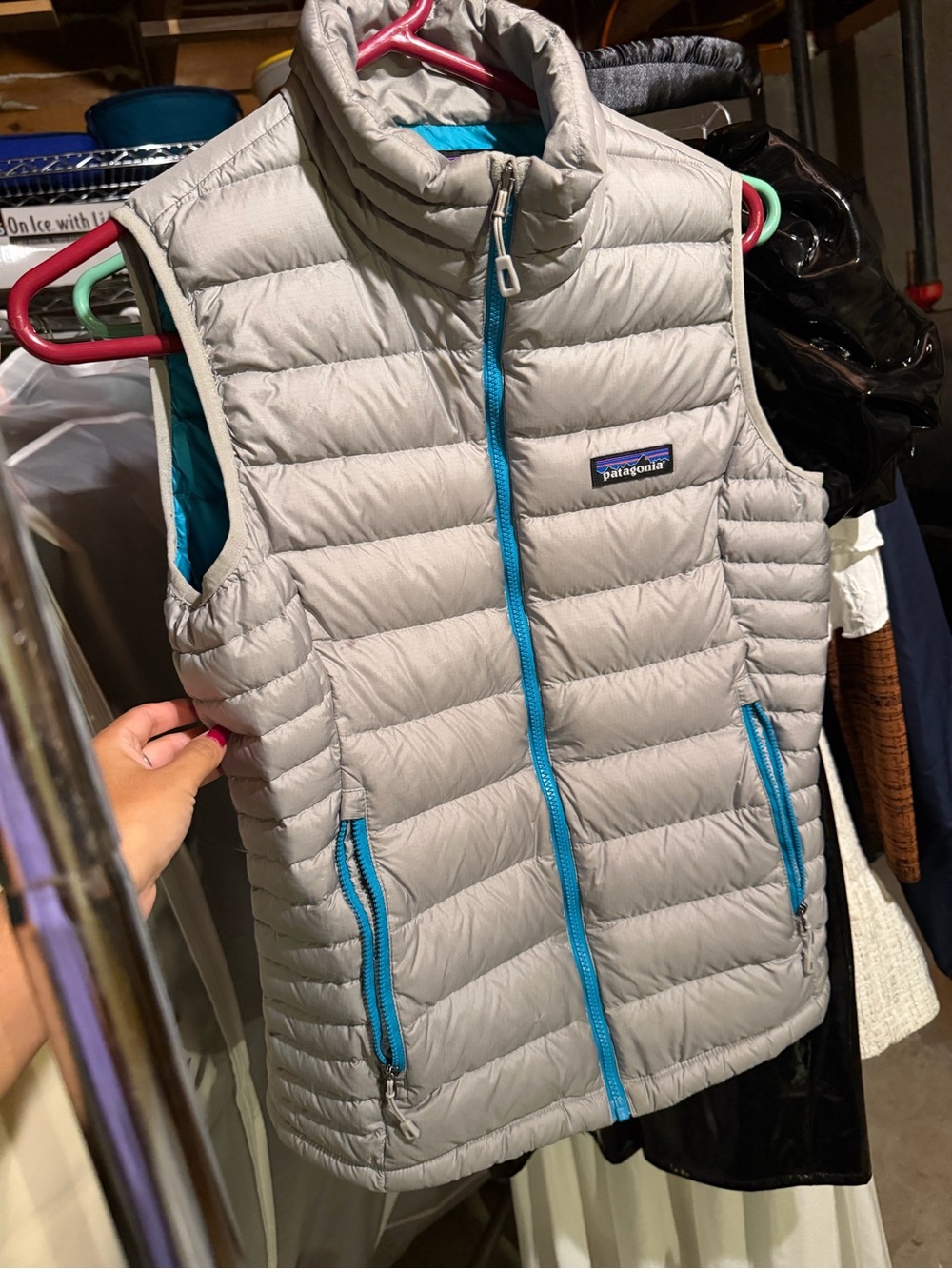 Patagonia Lightweight Down Vest - Light Gray with Blue Trim